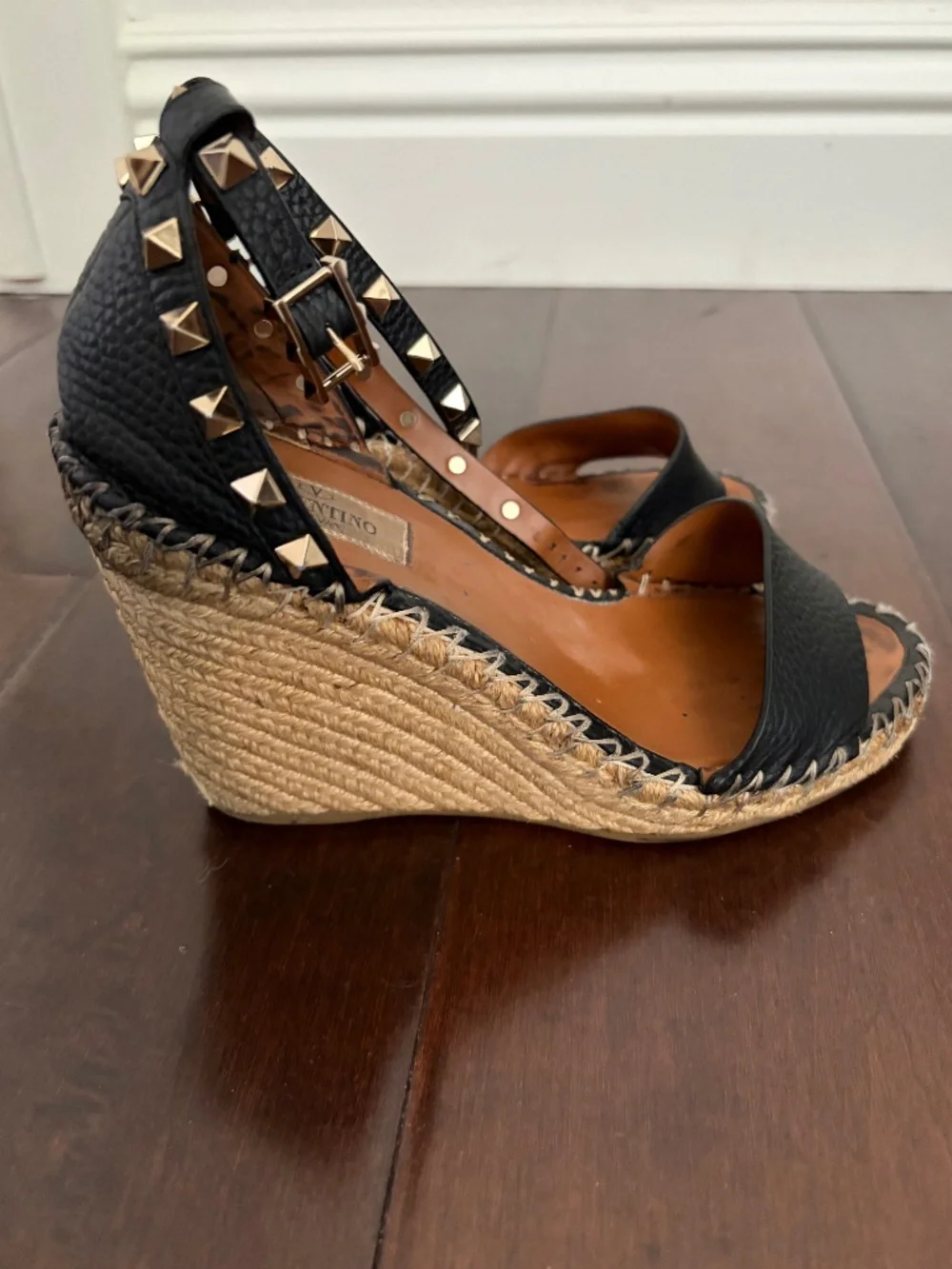 Valentino Garavani Black Leather Studded Espadrille Wedges